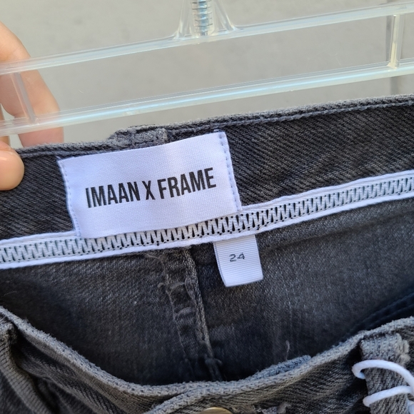 Imaan x Frame | Distressed Knee Length Bermuda Cut Off Gray Denim Shorts Size 24 - Picture 12 of 13